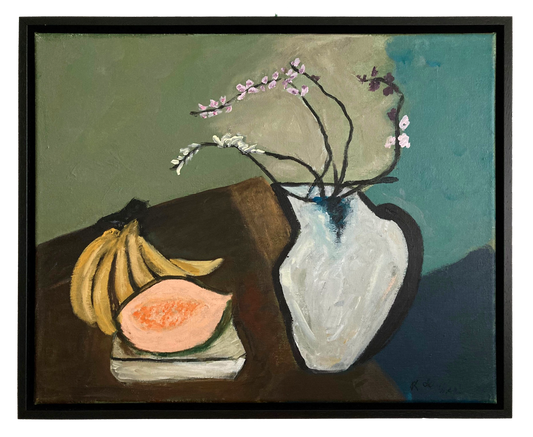 Stilleven met vaas en fruit